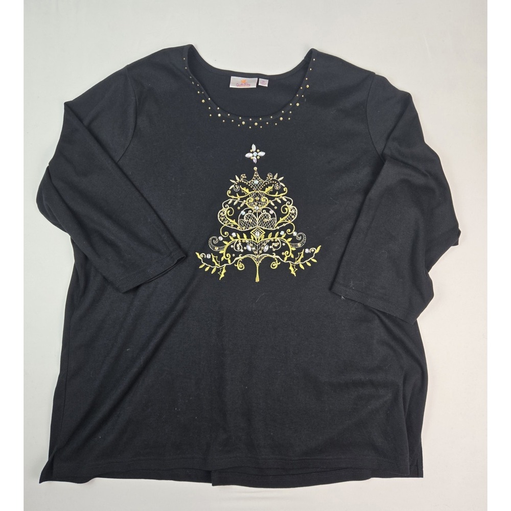 Womens Quacker Factory shirt sz 3X black gold rhinestone Christmas tree